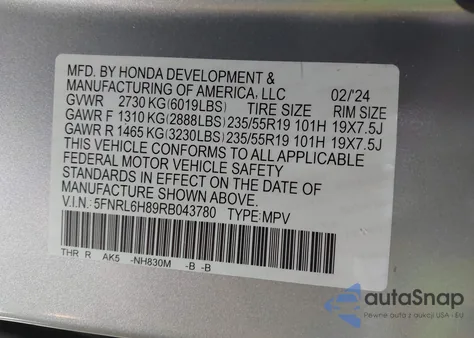 2024 Honda Odyssey Touring из США, поврежденный, VIN 5FNRL6H89RB043780